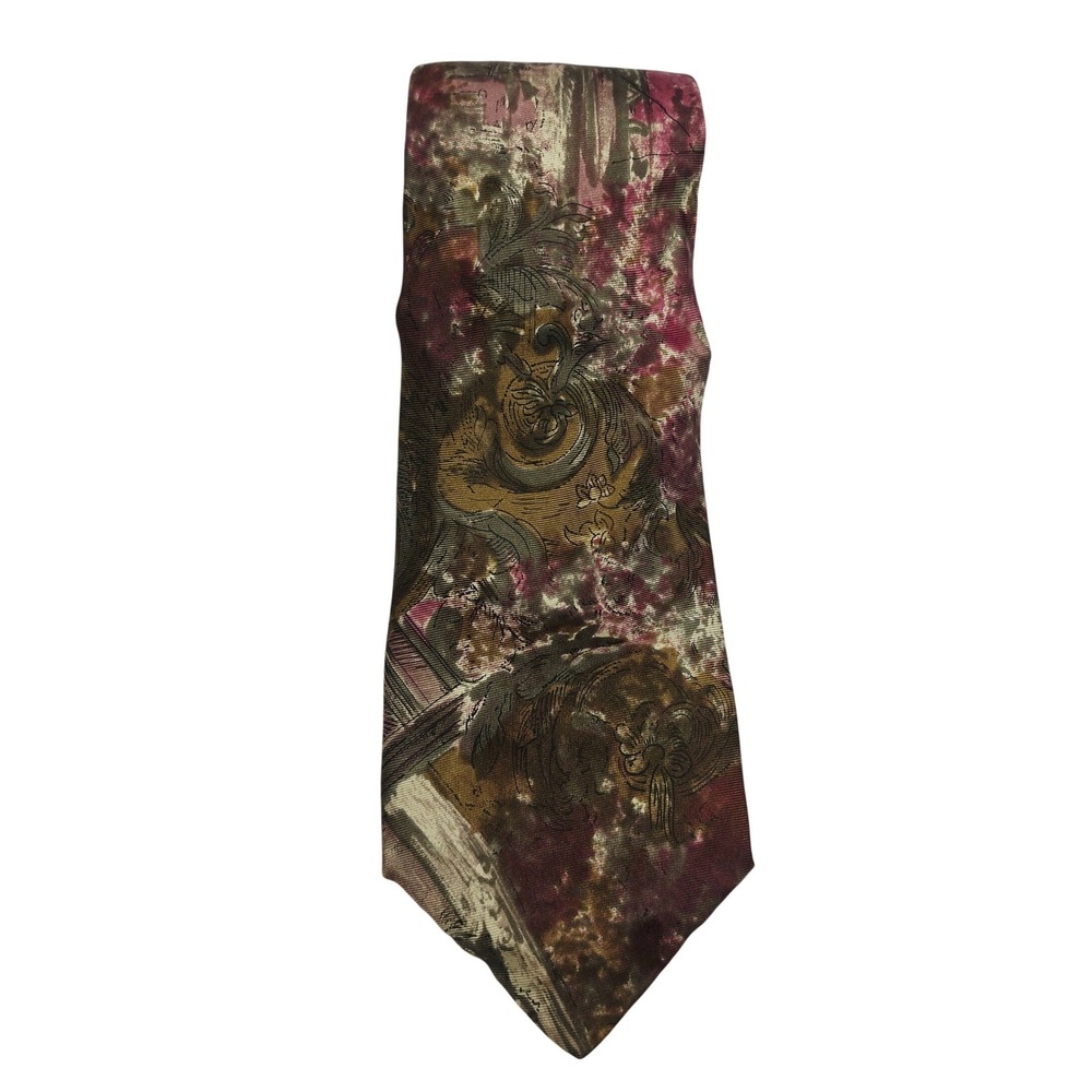 Gerard Philippe Silk Necktie Mens OS Burgundy Olive Abstract Italian Fabric
